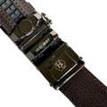 Dark brown leather dress ratchet belt with saffiano effect buckle, hardware close-up