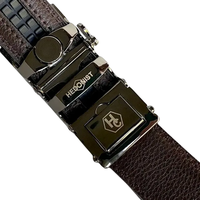 Dark brown leather dress ratchet belt with saffiano effect buckle, hardware close-up
