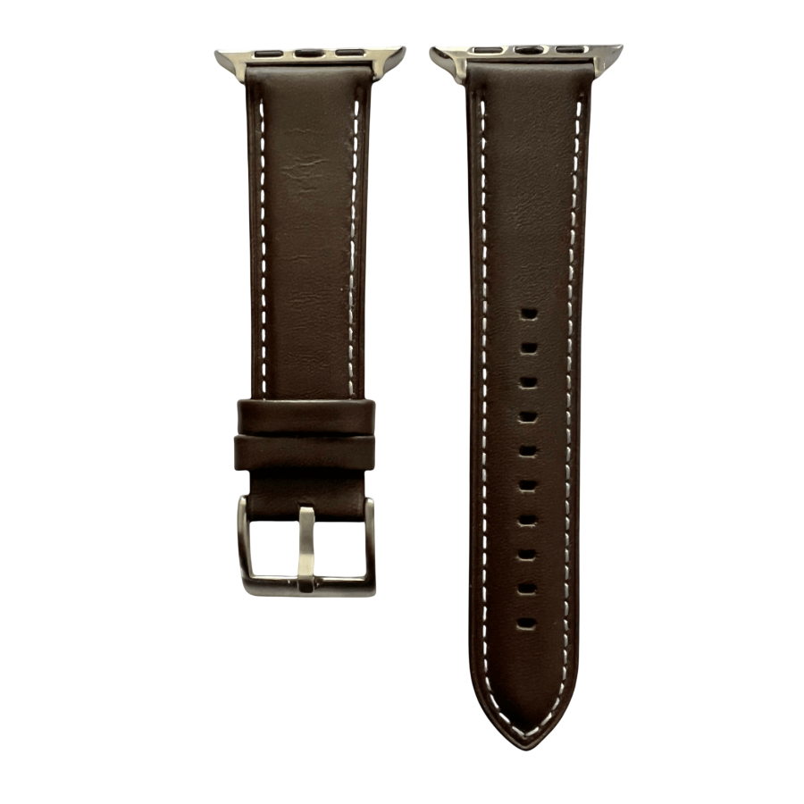 Dark brown padded leather Apple Watch band, two-piece strap with buckle and holes
