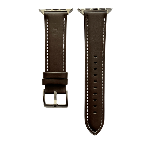Dark brown padded leather Apple Watch band, two-piece strap with buckle and holes