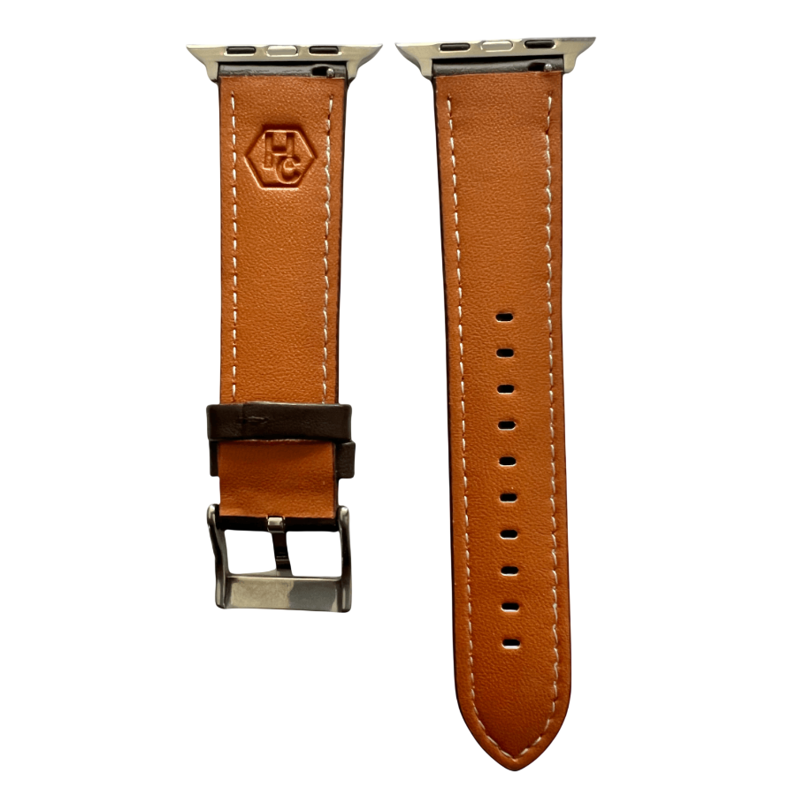 Dark brown padded leather Apple Watch band, side view with stainless steel lugs