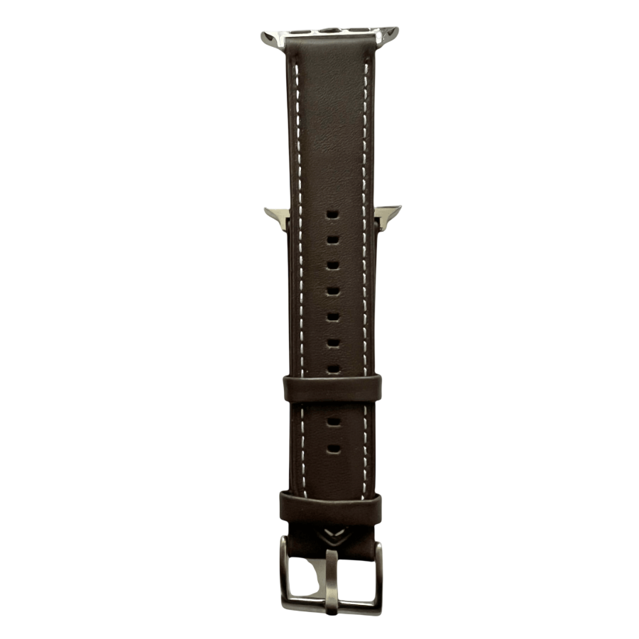 Dark brown padded leather Apple Watch band, connector and stitching detail