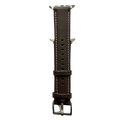 Dark brown padded leather Apple Watch band, connector and stitching detail