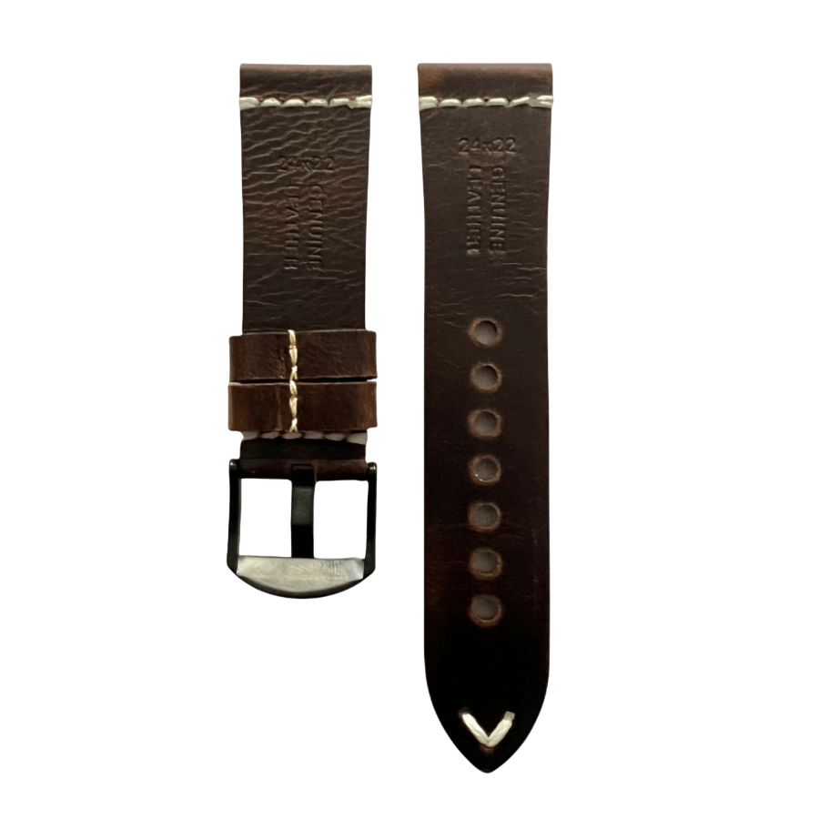 Dark brown pull-up leather Apple Watch band, close-up view