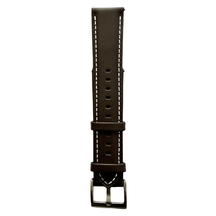 Dark brown leather watch band with quick release bars, quick release buckle detail