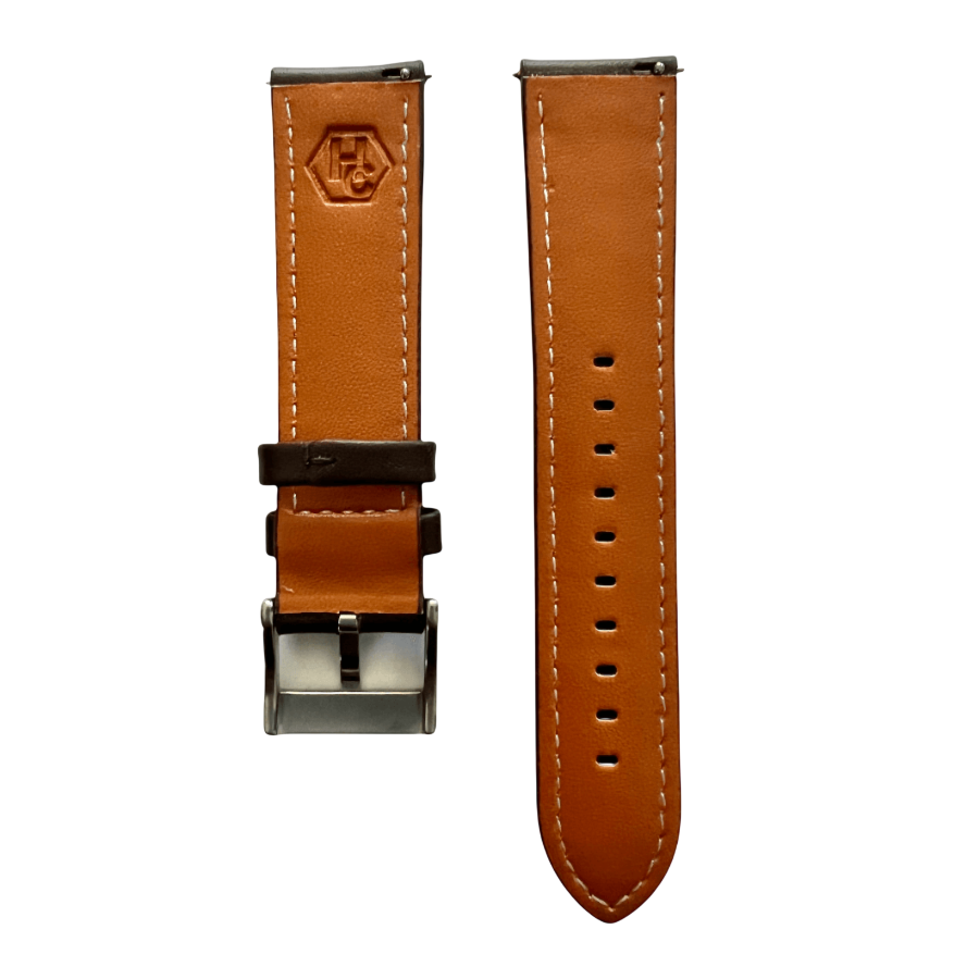 Dark brown leather watch band with quick release bars, close-up detail