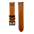 Dark brown leather watch band with quick release bars, close-up detail