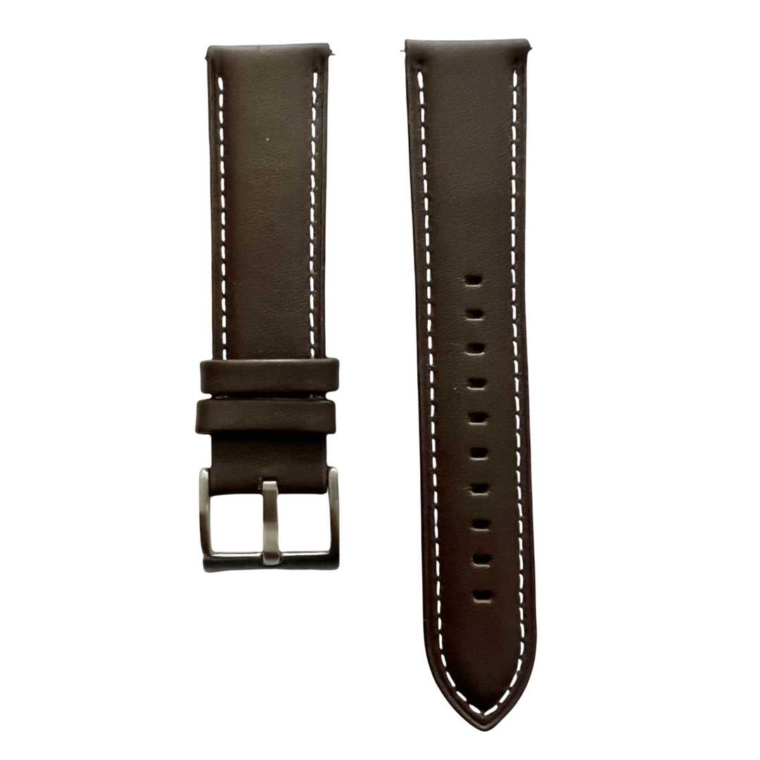 Dark brown leather watch band with quick release bars, front view