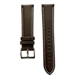 Dark brown leather watch band with quick release bars, front view