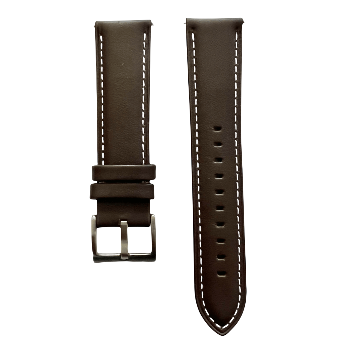 Dark brown leather watch band with quick release bars, front view