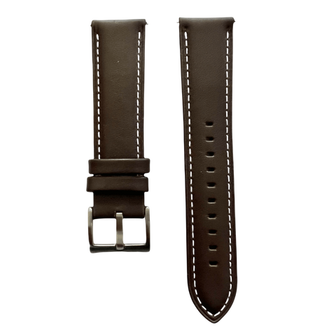 Dark brown leather watch band with quick release bars, front view