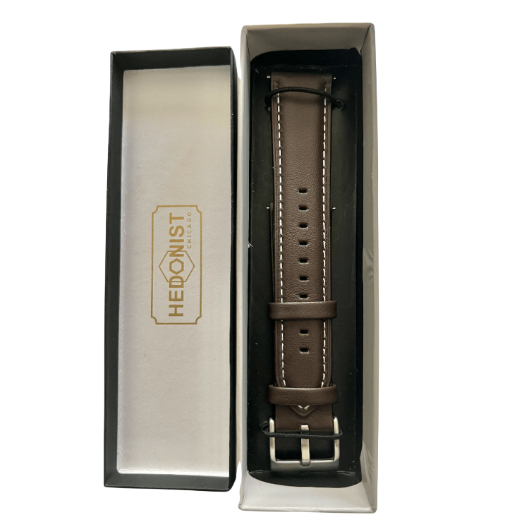 Dark brown leather watch band with quick release bars, side view