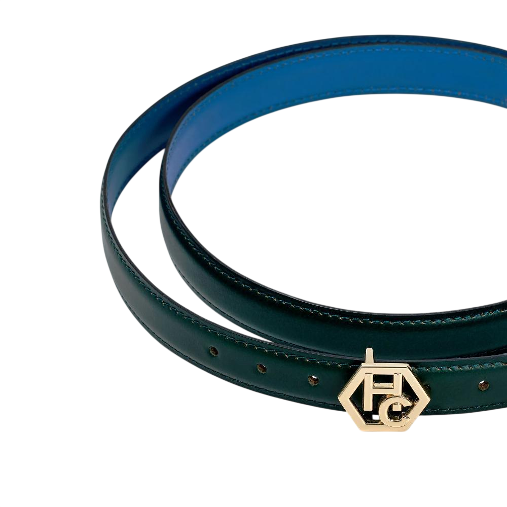 Buckle close-up on women's reversible design leather belt - dark green - Hedonist Chicago (1", reversible with blue)