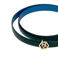 Buckle close-up on women's reversible design leather belt - dark green - Hedonist Chicago (1", reversible with blue)