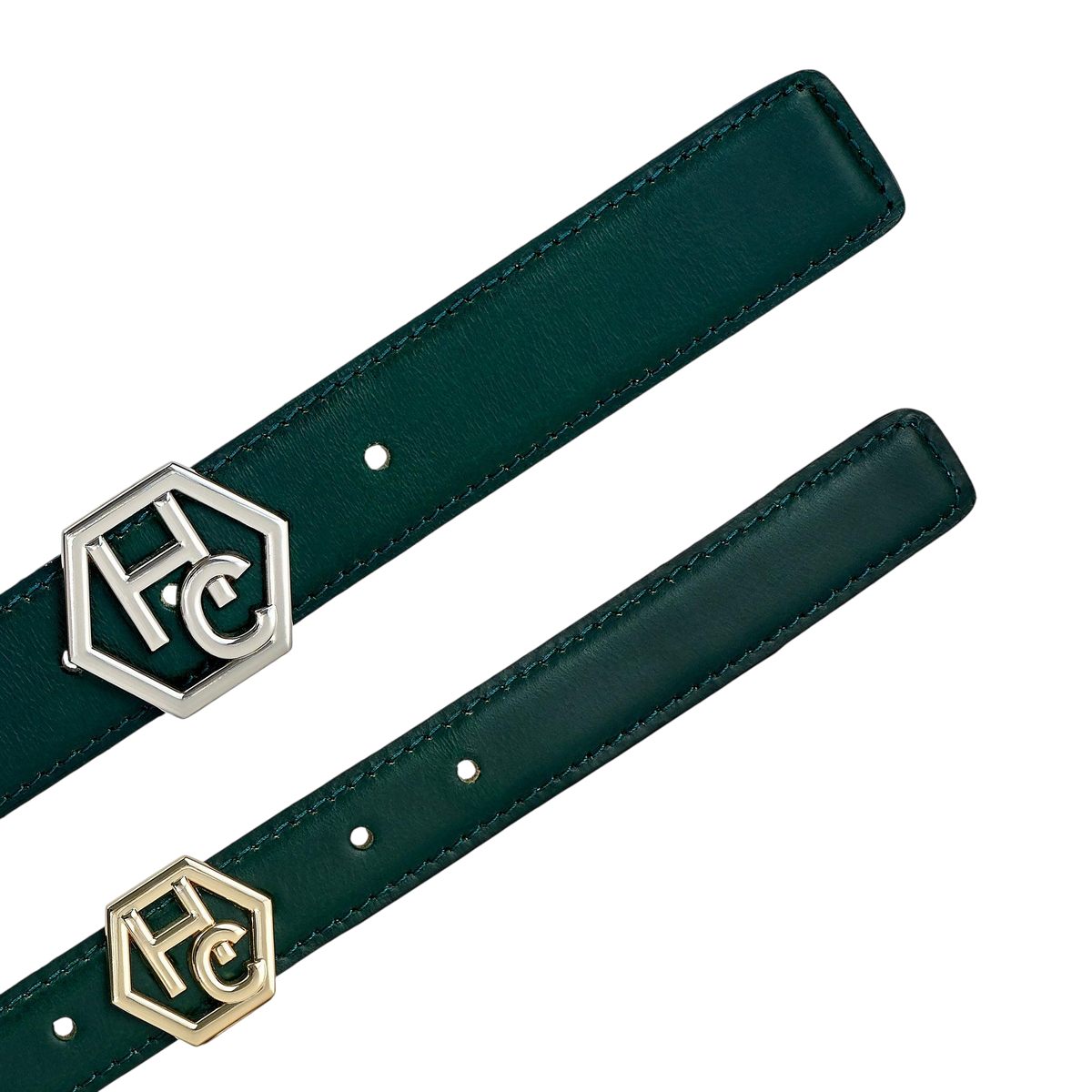 Edge stitching detail on women's reversible design leather belt - dark green - Hedonist Chicago (1", reversible with blue)