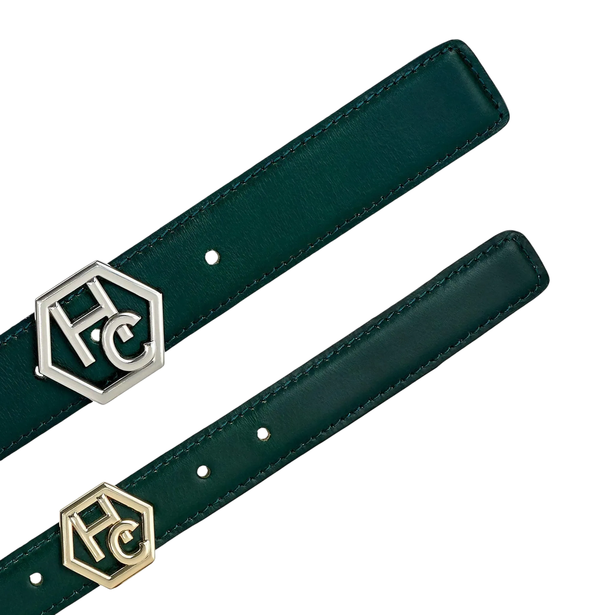 Edge finish detail on women's reversible design leather belt - dark green - Hedonist Chicago (1", reversible with blue)
