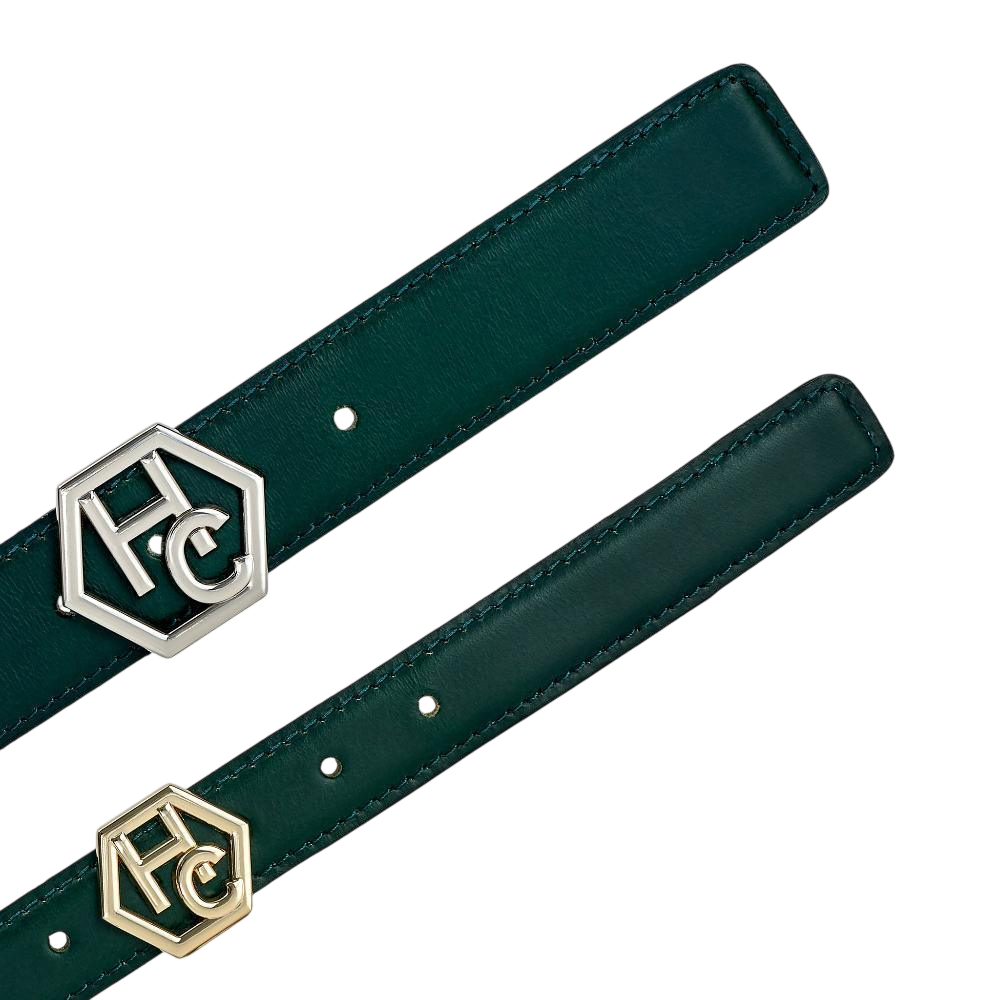 Buckle close-up on women's reversible design leather belt - dark green - Hedonist Chicago (1"/1.3", reversible with blue)