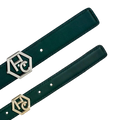 Buckle close-up on women's reversible design leather belt - dark green - Hedonist Chicago (1"/1.3", reversible with blue)