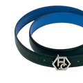 Edge stitching detail on women's reversible design leather belt - dark green - Hedonist Chicago (1"/1.3", reversible with blue)
