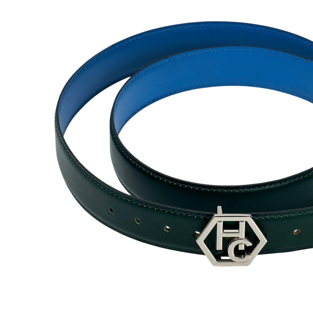 Edge stitching detail on women's reversible design leather belt - dark green - Hedonist Chicago (1"/1.3", reversible with blue)