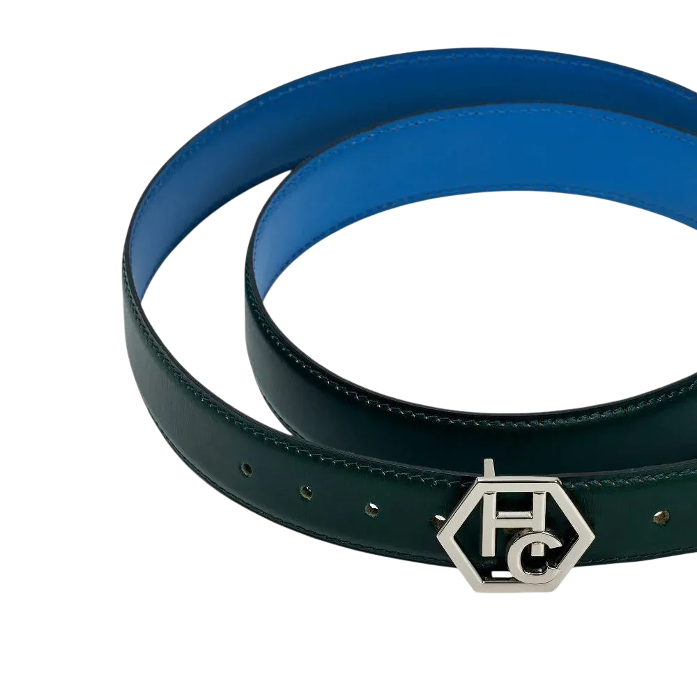 Edge finish detail on women's reversible design leather belt - dark green - Hedonist Chicago (1"/1.3", reversible with blue)