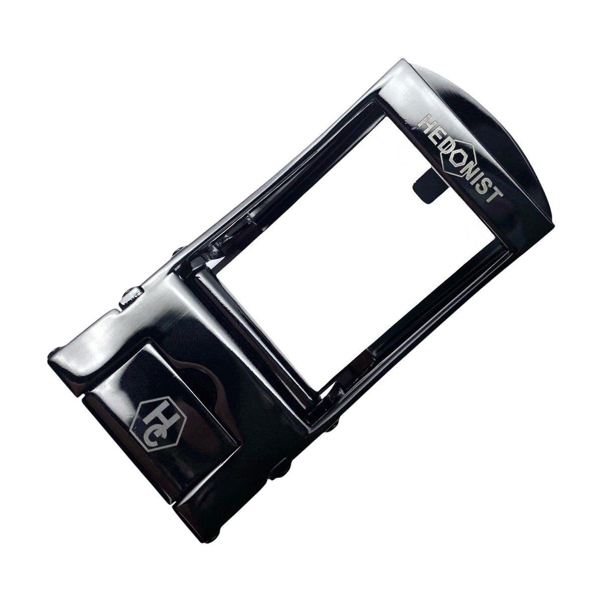 Dark metallic ratchet belt buckle, 1.15 inch, back locking mechanism close-up