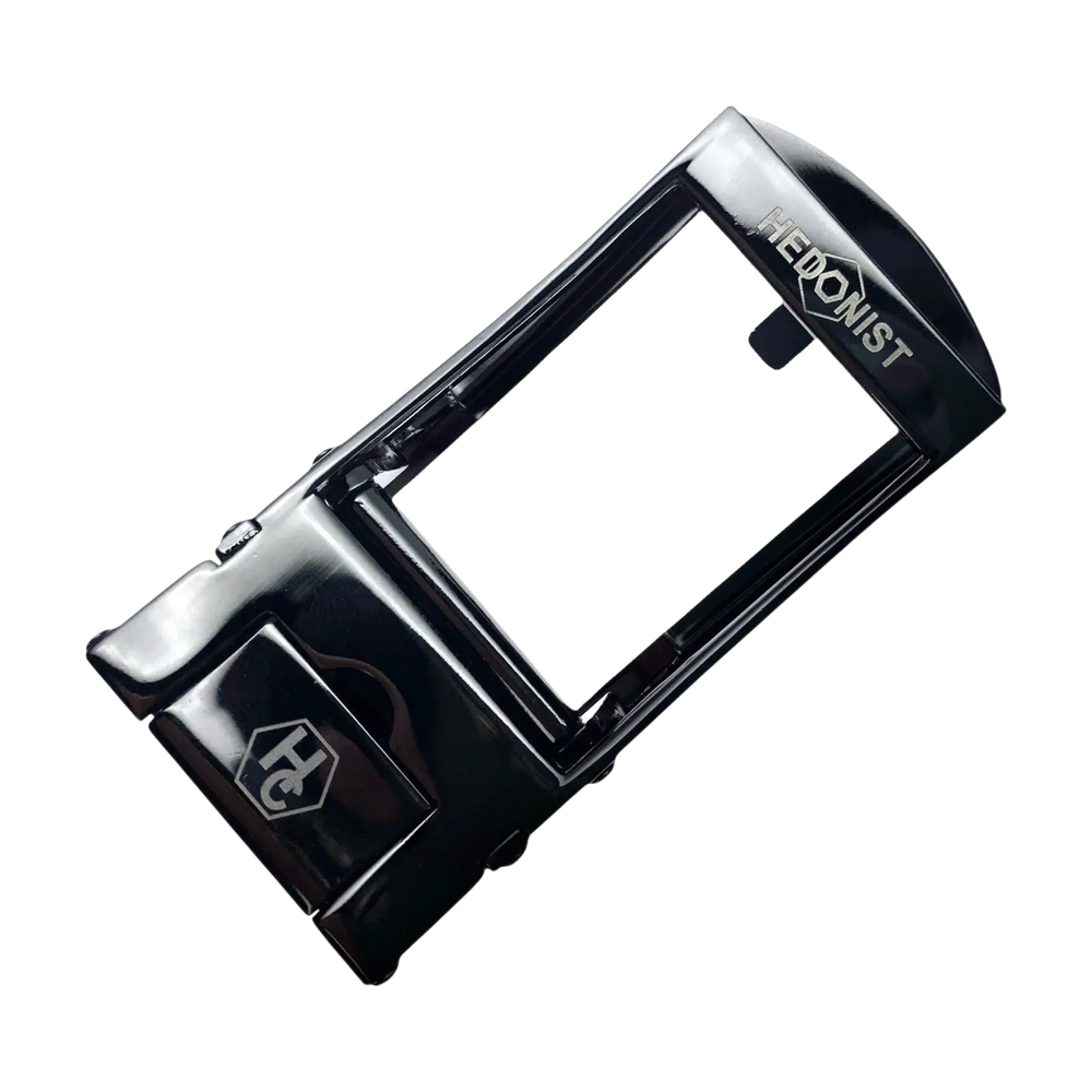 Dark metallic ratchet belt buckle, 1.15 inch, back locking mechanism close-up