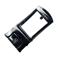 Dark metallic ratchet belt buckle, 1.15 inch, back locking mechanism close-up