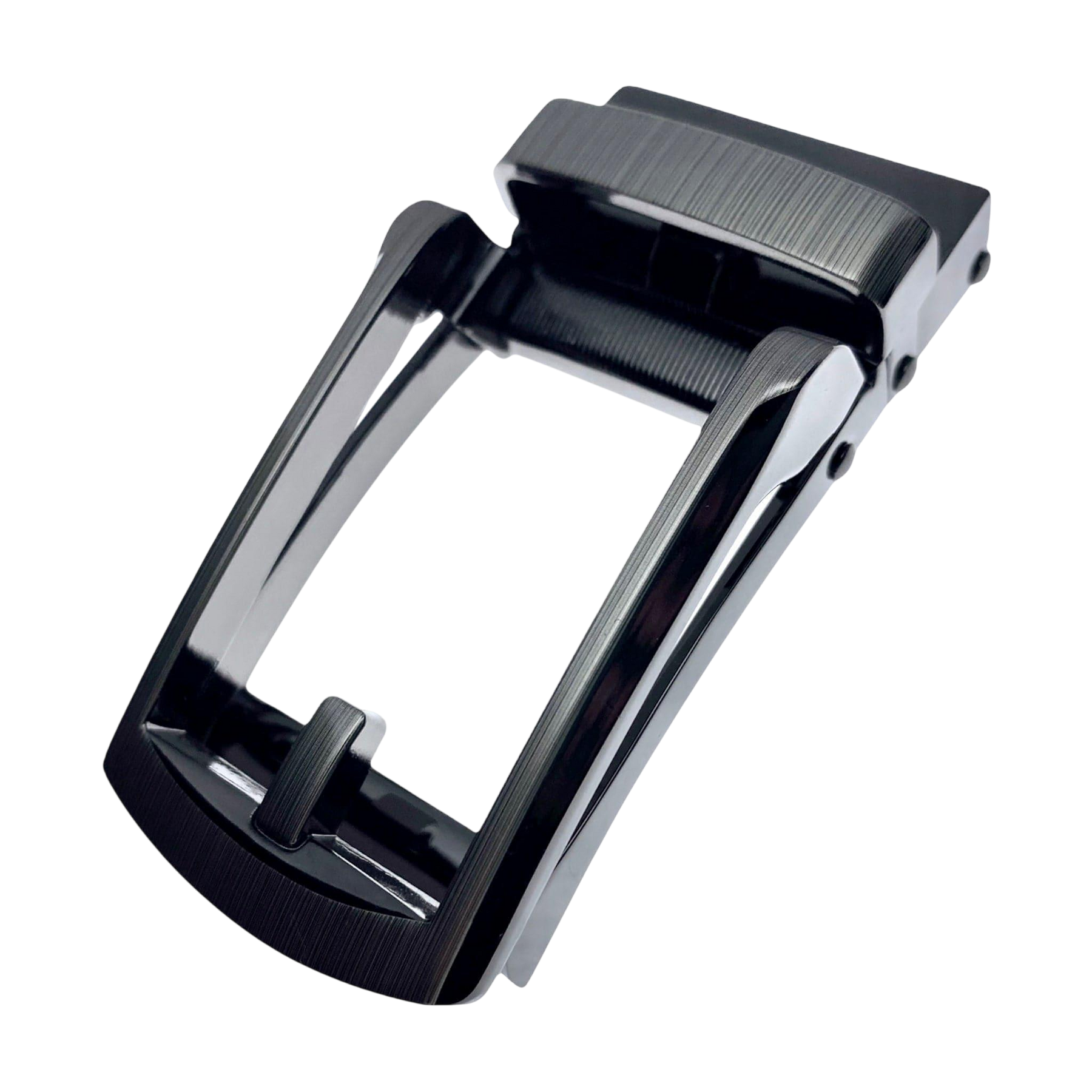 Dark metallic ratchet belt buckle, 1.15 inch, front view