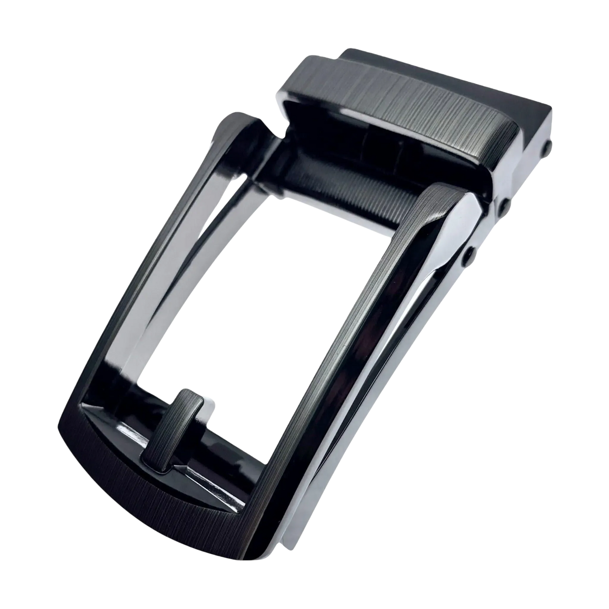 Dark metallic ratchet belt buckle, 1.15 inch, front view