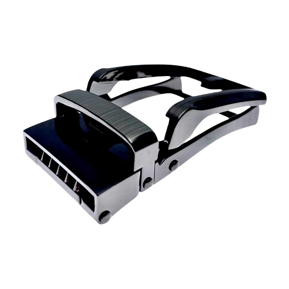 Dark metallic ratchet belt buckle, 1.15 inch, top detail close-up