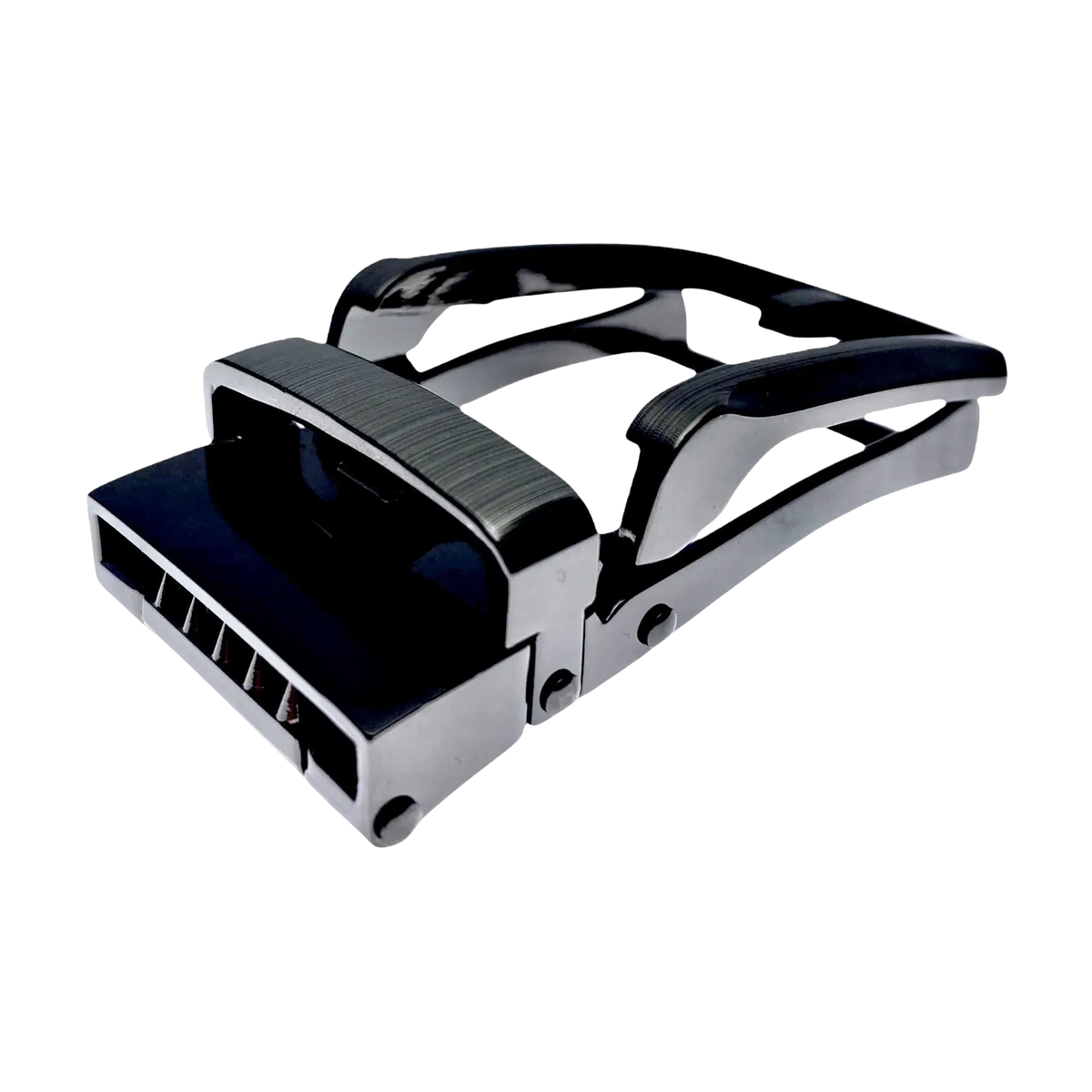 Dark metallic ratchet belt buckle, 1.15 inch, top detail close-up