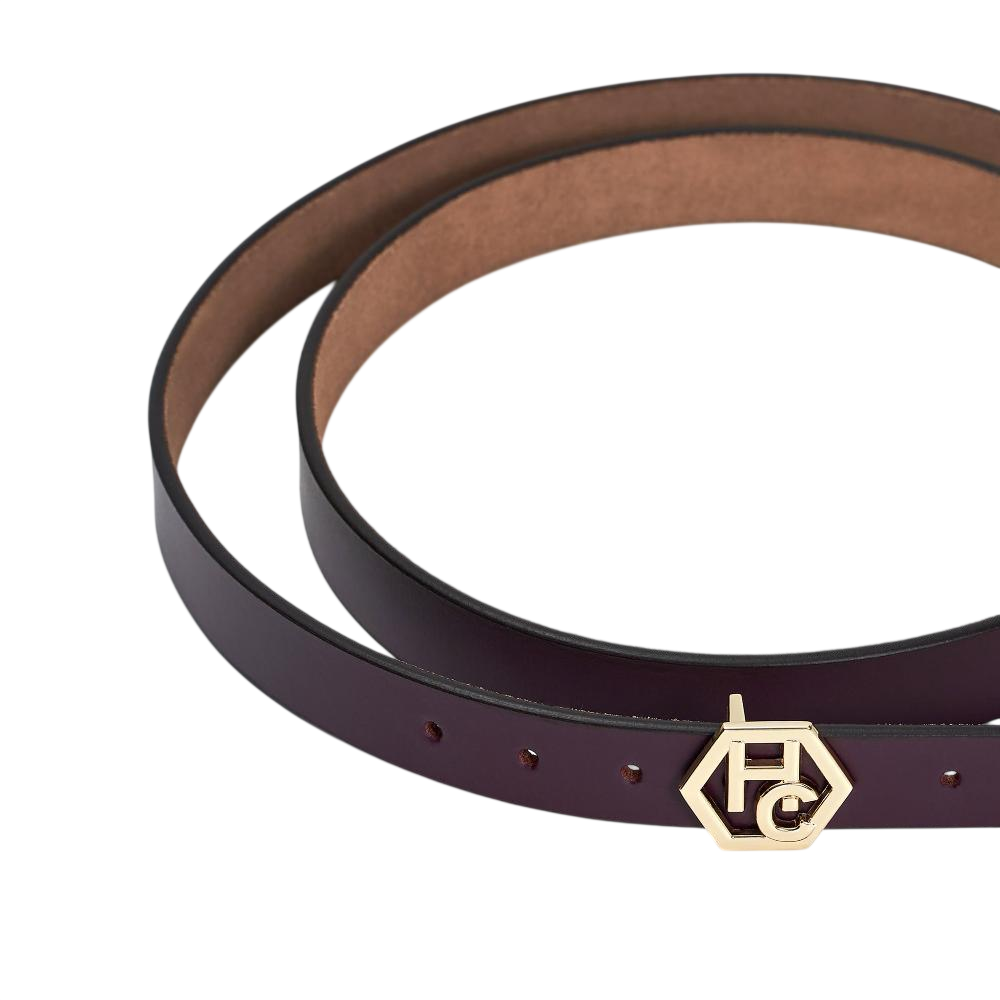 Buckle close-up on women's seamless edge leather belt - dark purple - Hedonist Chicago - close-up view (1")