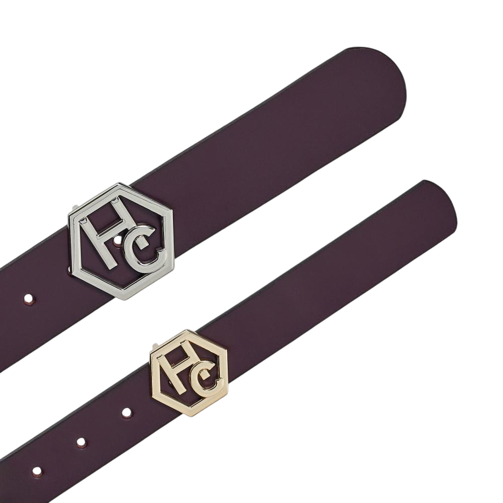 Side view on women's seamless edge leather belt - dark purple - Hedonist Chicago - close-up view (1")