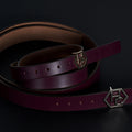 Edge stitching detail on women's seamless edge leather belt - dark purple - Hedonist Chicago - close-up view (1")