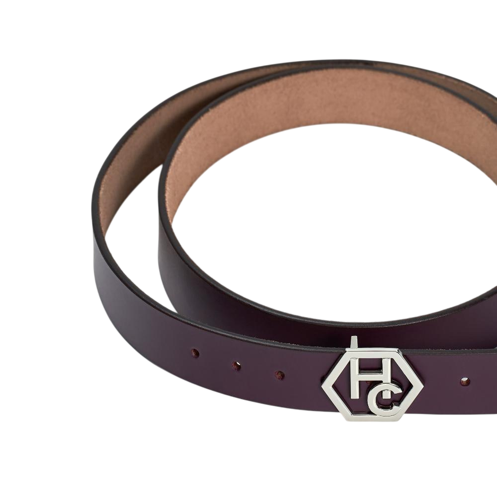 Buckle close-up on women's seamless edge leather belt - dark purple - Hedonist Chicago - close-up view (1.3")