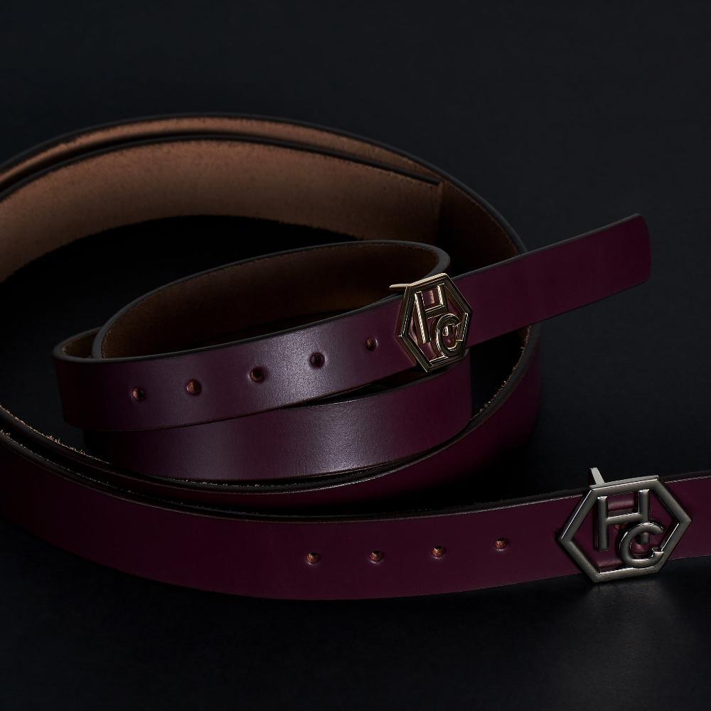 Side view on women's seamless edge leather belt - dark purple - Hedonist Chicago - close-up view (1.3")