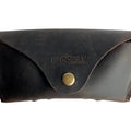 Soft Leather Eye Glasses Case in Dark Brown, closed, front view with embossed Hedonist logo and snap closure