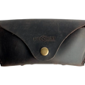 Soft Leather Eye Glasses Case in Dark Brown, closed, front view with embossed Hedonist logo and snap closure