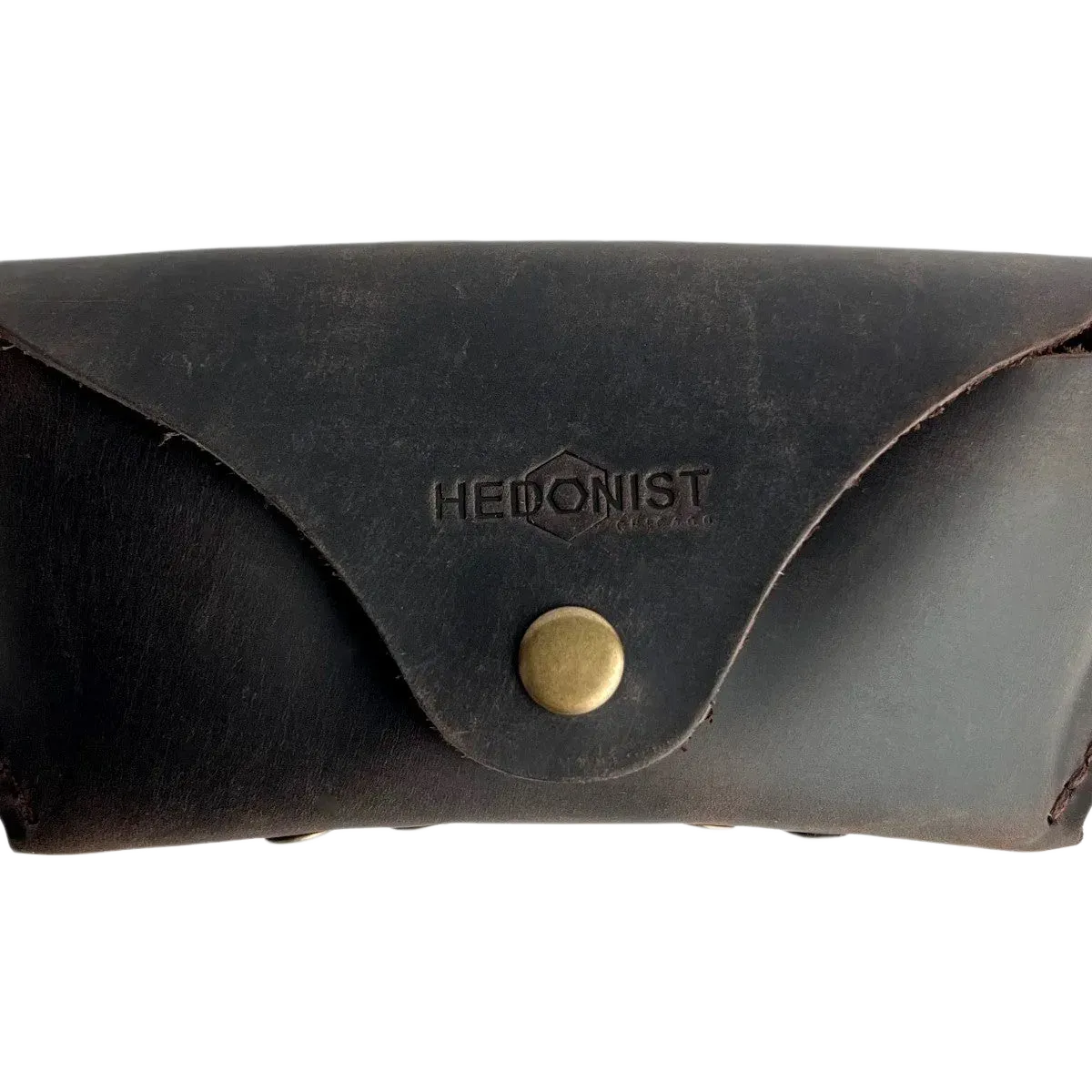 Soft Leather Eye Glasses Case in Dark Brown, closed, front view with embossed Hedonist logo and snap closure