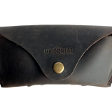 Soft Leather Eye Glasses Case in Dark Brown, closed, front view with embossed Hedonist logo and snap closure