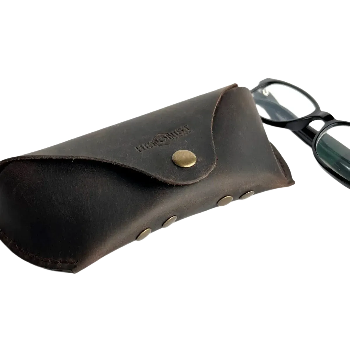 Soft Leather Eye Glasses Case in Dark Brown with black-framed eyeglasses beside it