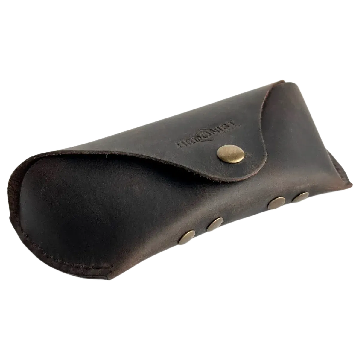 Soft Leather Eye Glasses Case in Dark Brown, angled view showing stitched edge