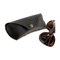Soft Leather Eye Glasses Case in Dark Brown with tortoiseshell sunglasses beside it