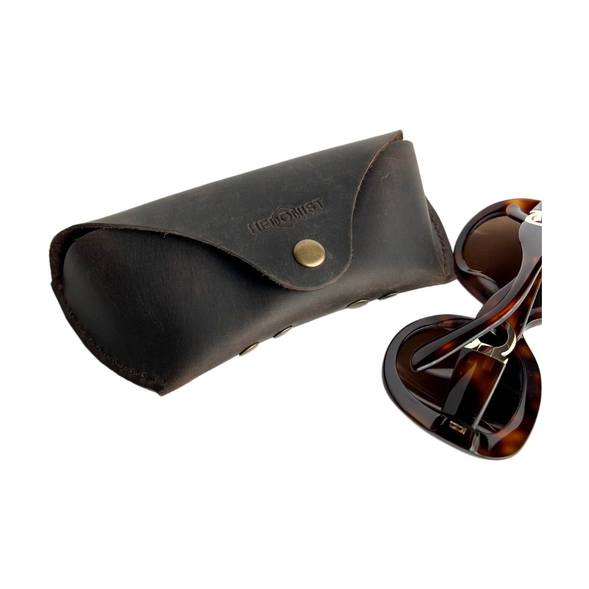 Soft Leather Eye Glasses Case in Dark Brown with tortoiseshell sunglasses beside it