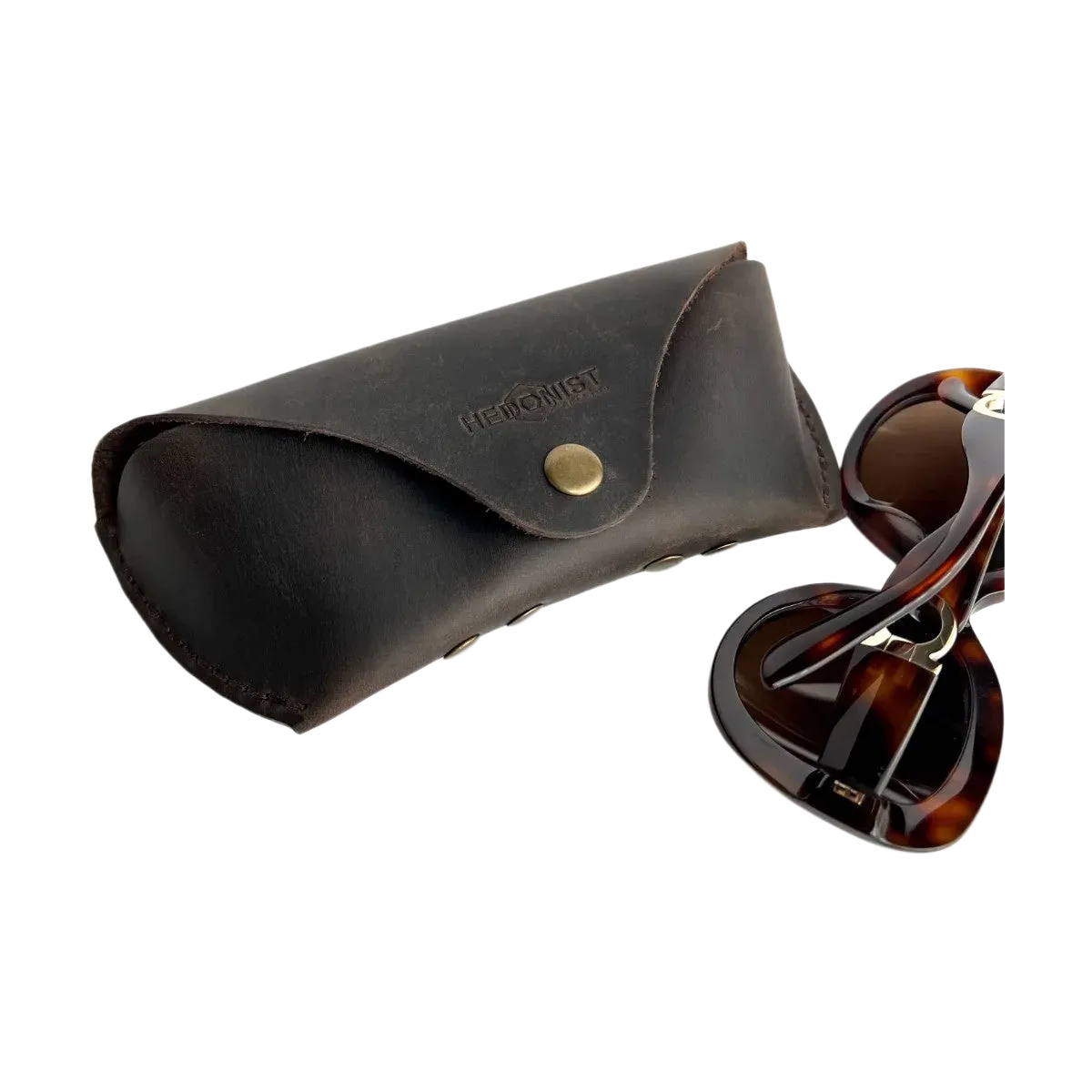 Soft Leather Eye Glasses Case in Dark Brown with tortoiseshell sunglasses beside it