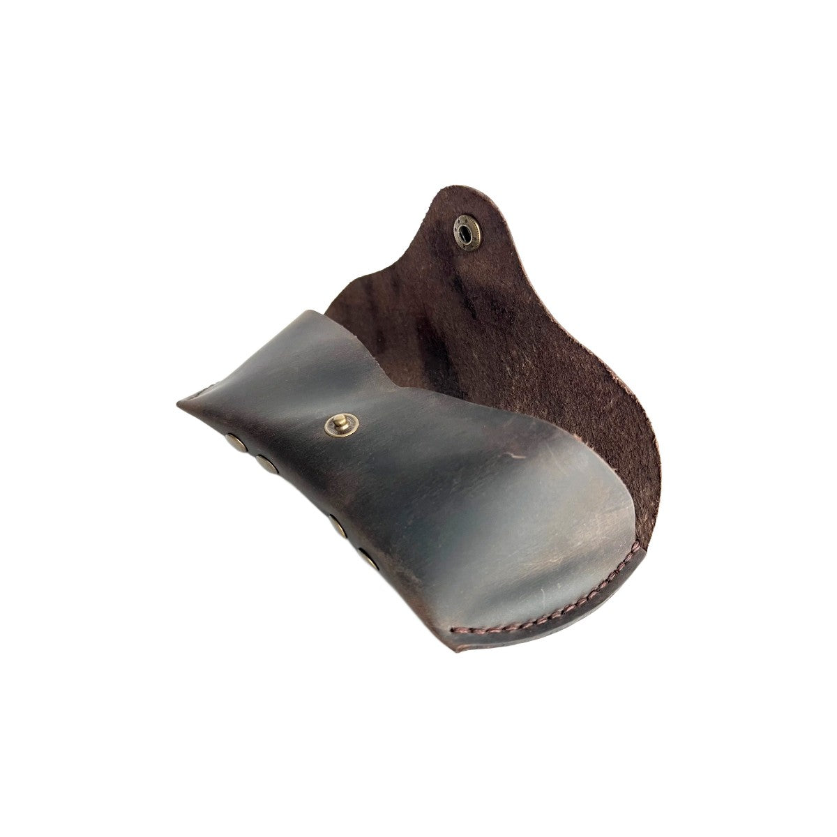 Soft Leather Eye Glasses Case in Dark Brown, open, angled top view showing interior