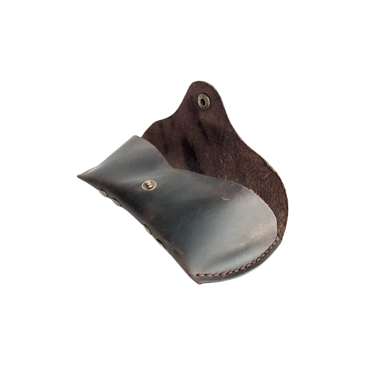 Soft Leather Eye Glasses Case in Dark Brown, open, angled top view showing interior