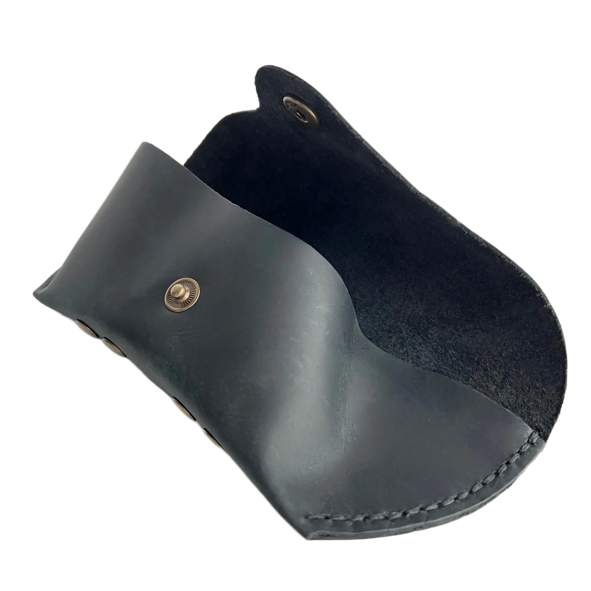 Soft Leather Eye Glasses Case in Black, open, showing the suede-lined interior