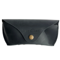 Soft Leather Eye Glasses Case in Black, closed, front view with embossed Hedonist logo and snap closure